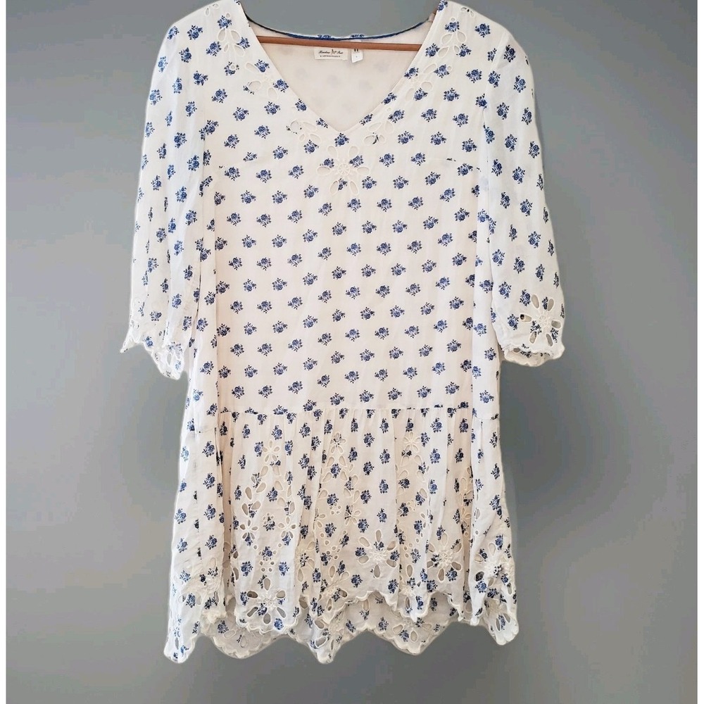 Meadow Rue Anthropologie Floral Eyelet Tunic Dress Sz S Boho Oversized Coastal